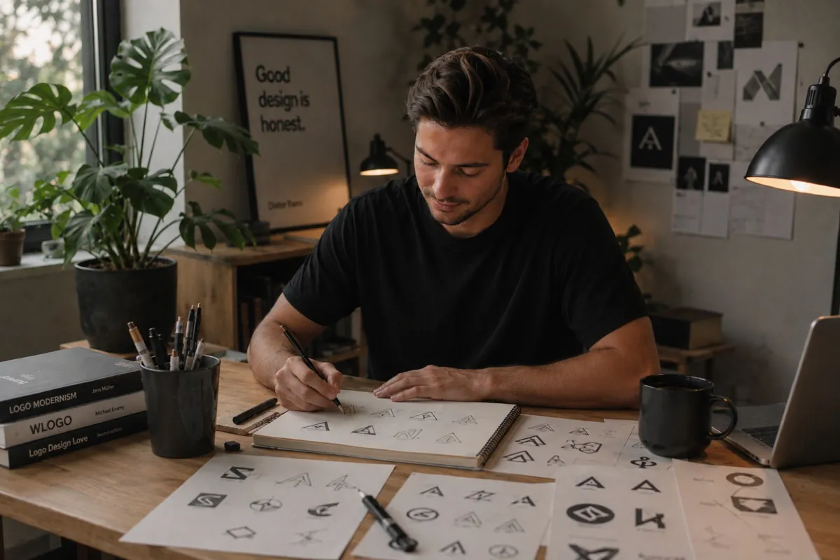 The designer behind Brandnest developing logo concepts in the studio